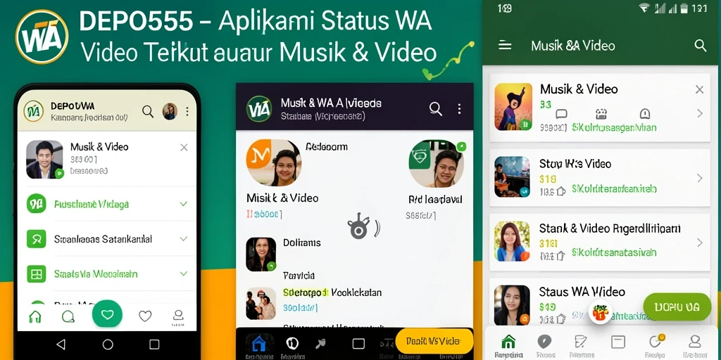 Screenshot aplikasi DEPO555 menampilkan antarmuka pengguna yang intuitif untuk Status WA Video.